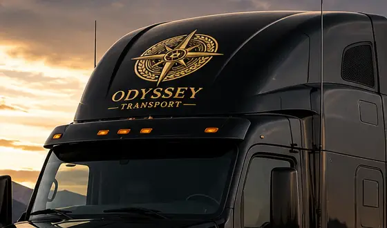 Odyssey Transport tractor at sunrise with the compass emblem on the sleeper roof