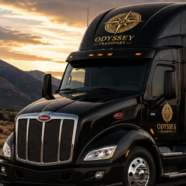 Black Odyssey Transport tractor with the gold compass emblem, on the road at sunrise