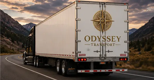 Rear doors of an Odyssey Transport trailer on a highway curve