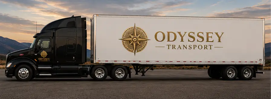 Odyssey Transport tractor-trailer in side profile, gold compass logo on a white trailer